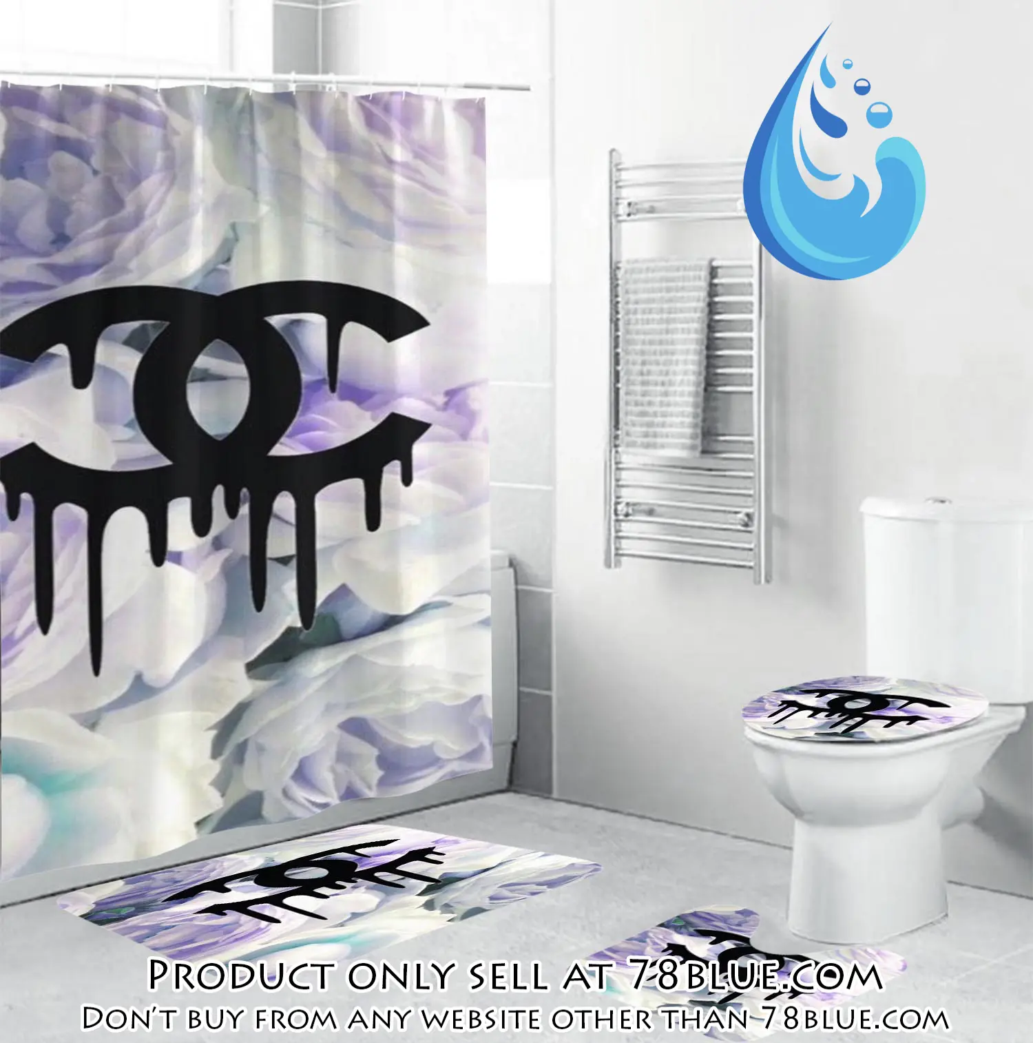 Coco chanel black dripping logo in floral background bathroom set shower curtain 78b5443580